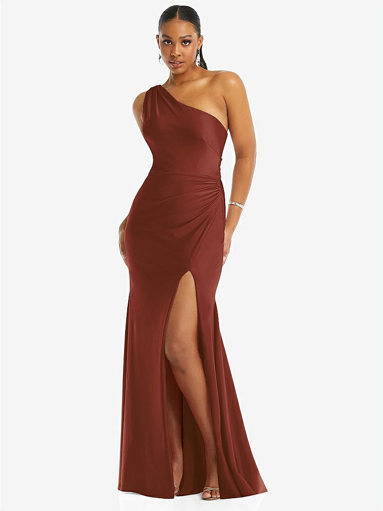 【STYLE: CS104】One-Shoulder Asymmetrical Cowl Back Stretch Satin Mermaid Dress【COLOR: Auburn Moon】