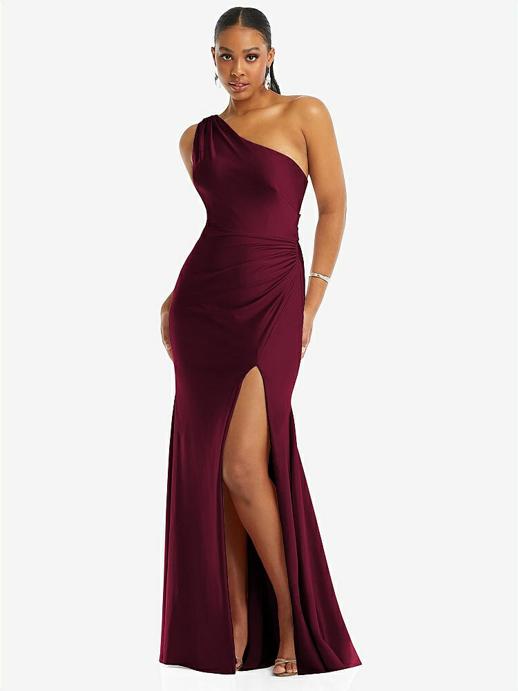 【STYLE: CS104】One-Shoulder Asymmetrical Cowl Back Stretch Satin Mermaid Dress【COLOR: Cabernet】