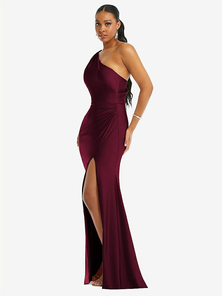 【STYLE: CS104】One-Shoulder Asymmetrical Cowl Back Stretch Satin Mermaid Dress【COLOR: Cabernet】