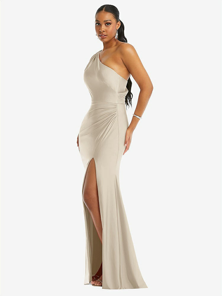 【STYLE: CS104】One-Shoulder Asymmetrical Cowl Back Stretch Satin Mermaid Dress【COLOR: Champagne】