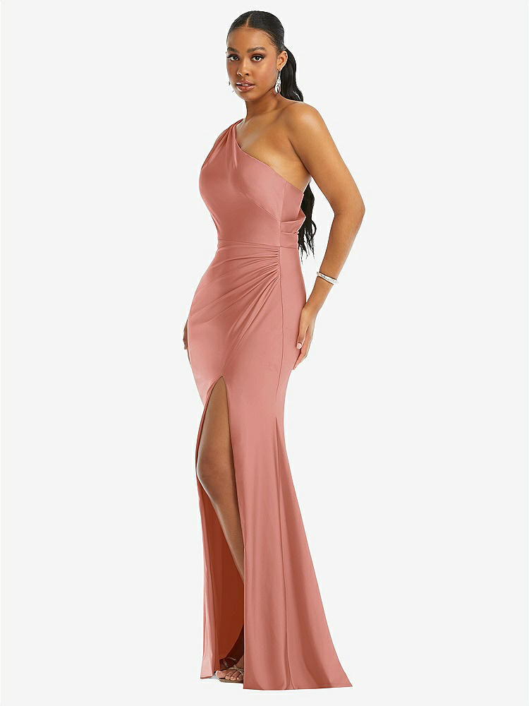 【STYLE: CS104】One-Shoulder Asymmetrical Cowl Back Stretch Satin Mermaid Dress【COLOR: Desert Rose】