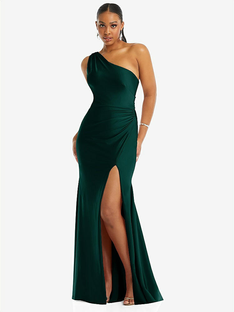 【STYLE: CS104】One-Shoulder Asymmetrical Cowl Back Stretch Satin Mermaid Dress【COLOR: Evergreen】