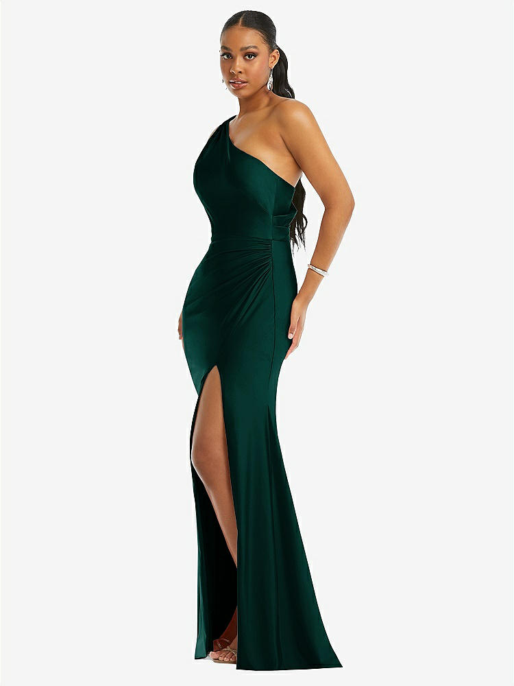 【STYLE: CS104】One-Shoulder Asymmetrical Cowl Back Stretch Satin Mermaid Dress【COLOR: Evergreen】
