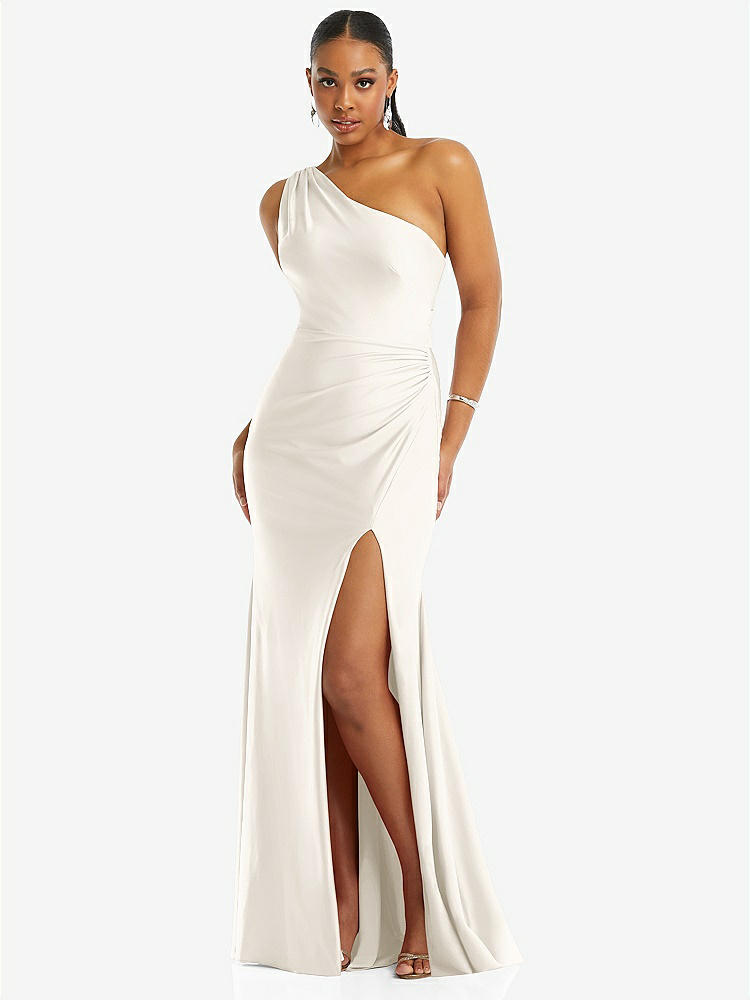 【NEW】【STYLE: CS104】ワンショルダー 非対称 カウル 背面 ストレッチ サテン 人魚 ドレス【COLOR: Ivory】【SIZE: 00-30W】