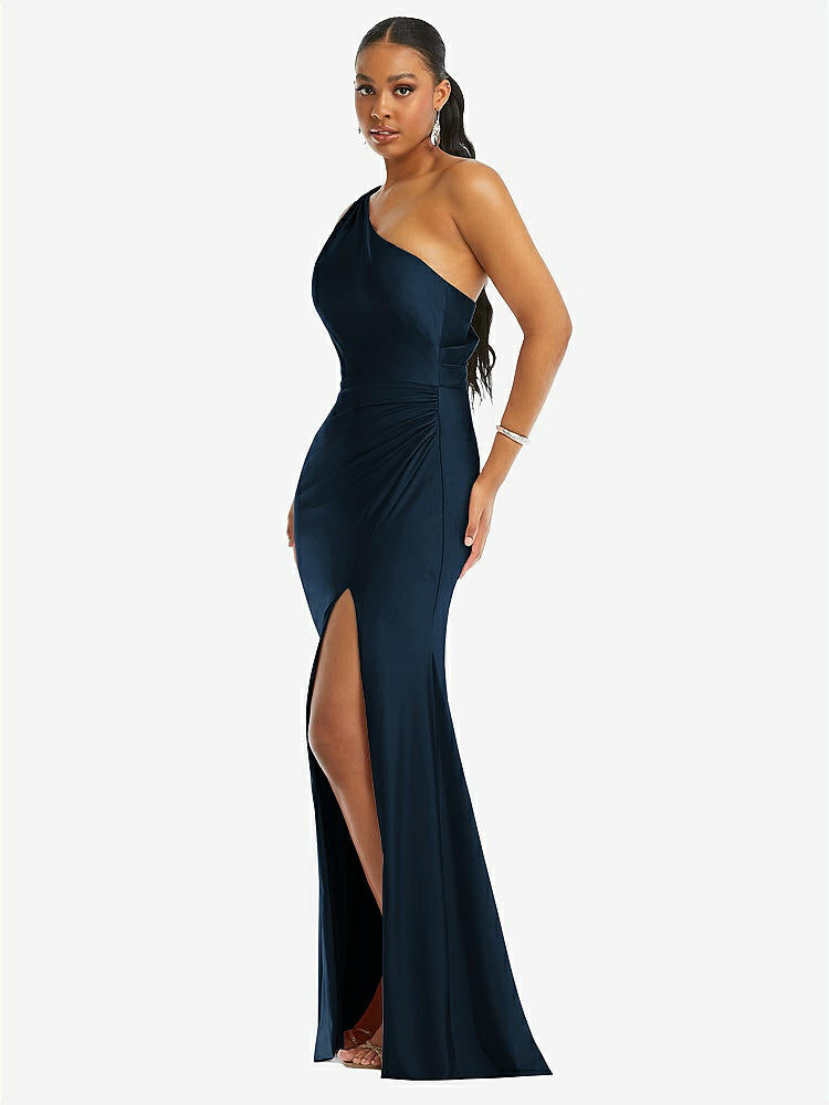 【STYLE: CS104】One-Shoulder Asymmetrical Cowl Back Stretch Satin Mermaid Dress【COLOR: Midnight Navy】