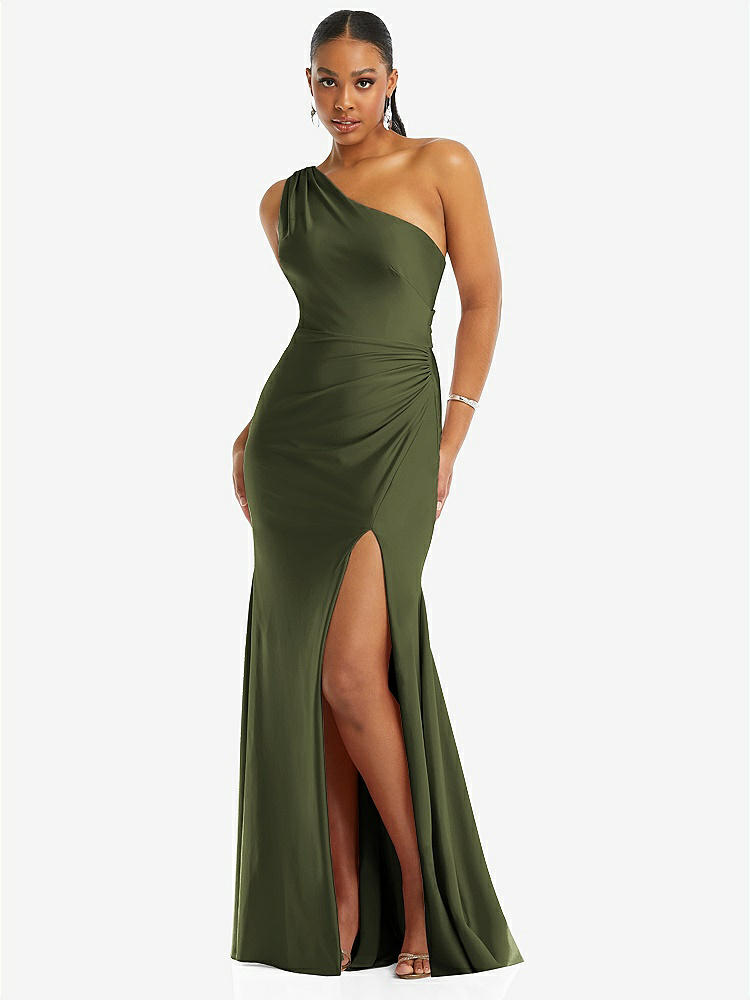 【STYLE: CS104】One-Shoulder Asymmetrical Cowl Back Stretch Satin Mermaid Dress【COLOR: Olive Green】