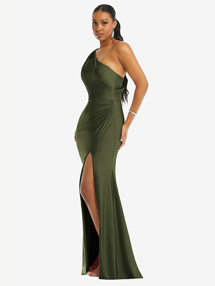 【STYLE: CS104】One-Shoulder Asymmetrical Cowl Back Stretch Satin Mermaid Dress【COLOR: Olive Green】