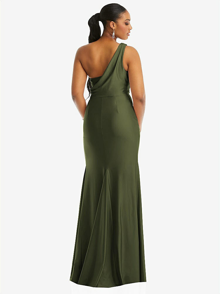 【STYLE: CS104】One-Shoulder Asymmetrical Cowl Back Stretch Satin Mermaid Dress【COLOR: Olive Green】