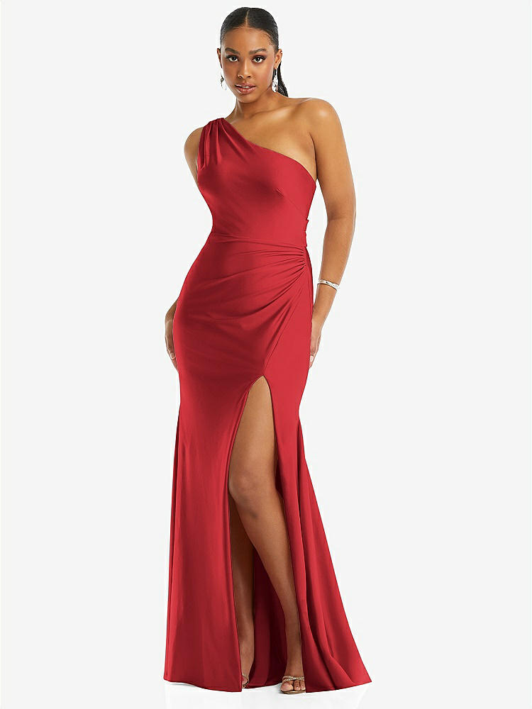 【STYLE: CS104】One-Shoulder Asymmetrical Cowl Back Stretch Satin Mermaid Dress【COLOR: Poppy Red】