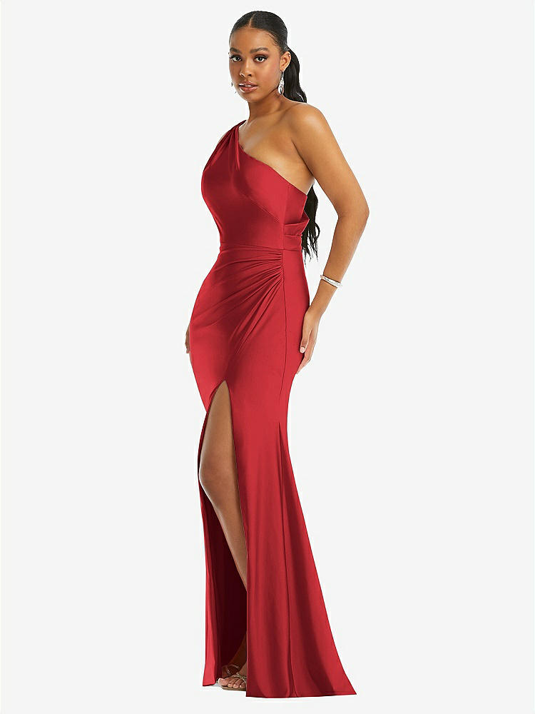 【STYLE: CS104】One-Shoulder Asymmetrical Cowl Back Stretch Satin Mermaid Dress【COLOR: Poppy Red】