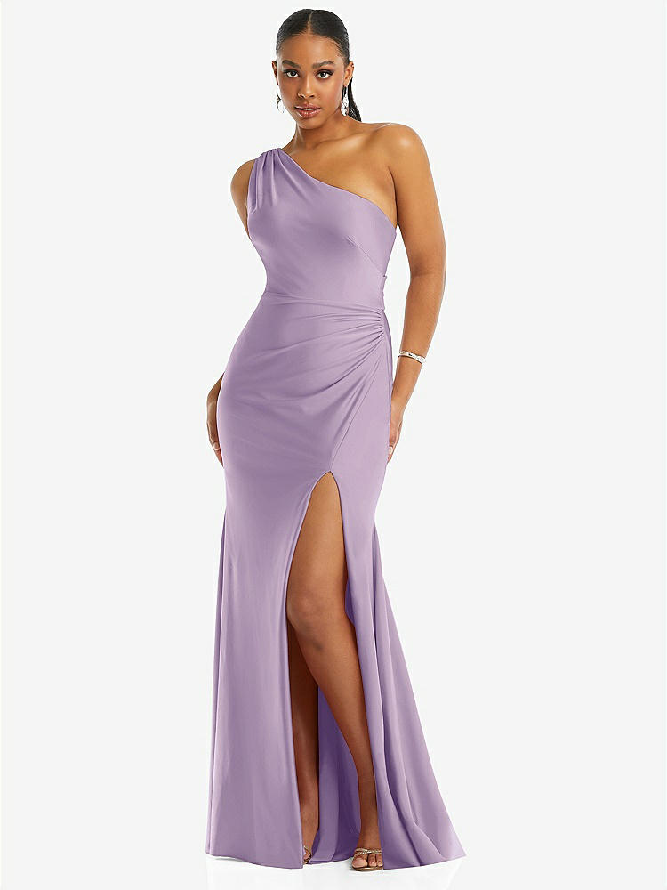 【STYLE: CS104】One-Shoulder Asymmetrical Cowl Back Stretch Satin Mermaid Dress【COLOR: Pale Purple】