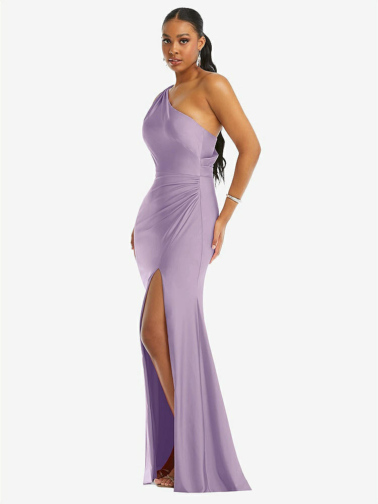 【STYLE: CS104】One-Shoulder Asymmetrical Cowl Back Stretch Satin Mermaid Dress【COLOR: Pale Purple】