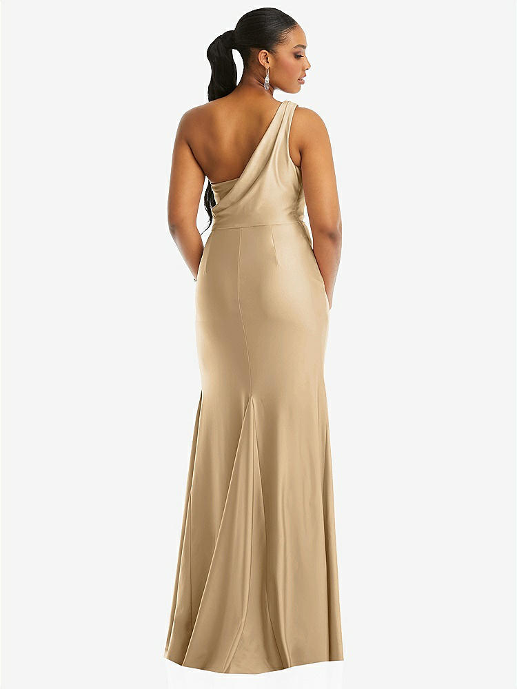 【STYLE: CS104】One-Shoulder Asymmetrical Cowl Back Stretch Satin Mermaid Dress【COLOR: Soft Gold】