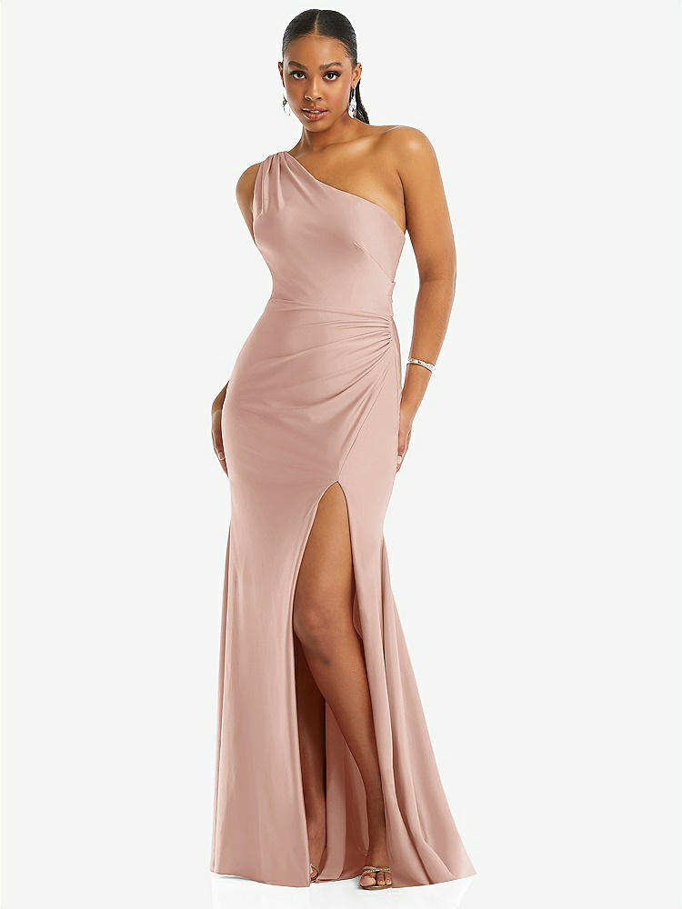 【STYLE: CS104】One-Shoulder Asymmetrical Cowl Back Stretch Satin Mermaid Dress【COLOR: Toasted Sugar】