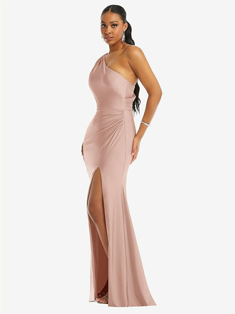 【STYLE: CS104】One-Shoulder Asymmetrical Cowl Back Stretch Satin Mermaid Dress【COLOR: Toasted Sugar】