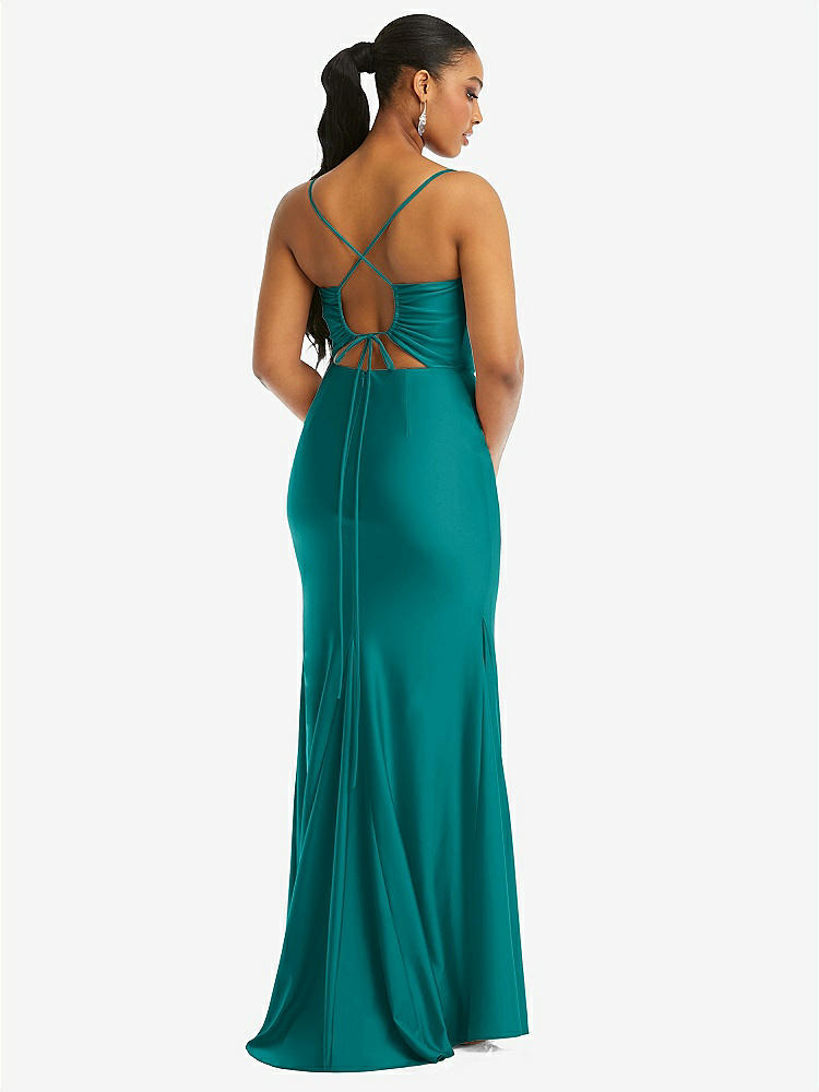 【STYLE: CS105】Cowl-Neck Open Tie-Back Stretch Satin Mermaid Dress with Slight Train【COLOR: Peacock Teal】