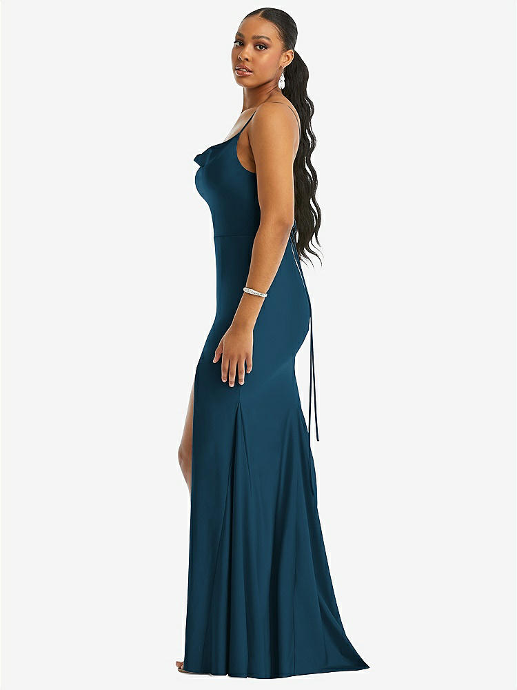 【STYLE: CS105】Cowl-Neck Open Tie-Back Stretch Satin Mermaid Dress with Slight Train【COLOR: Atlantic Blue】