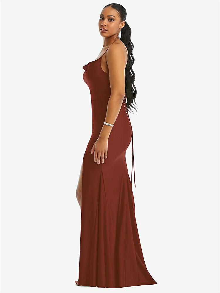 【STYLE: CS105】Cowl-Neck Open Tie-Back Stretch Satin Mermaid Dress with Slight Train【COLOR: Auburn Moon】
