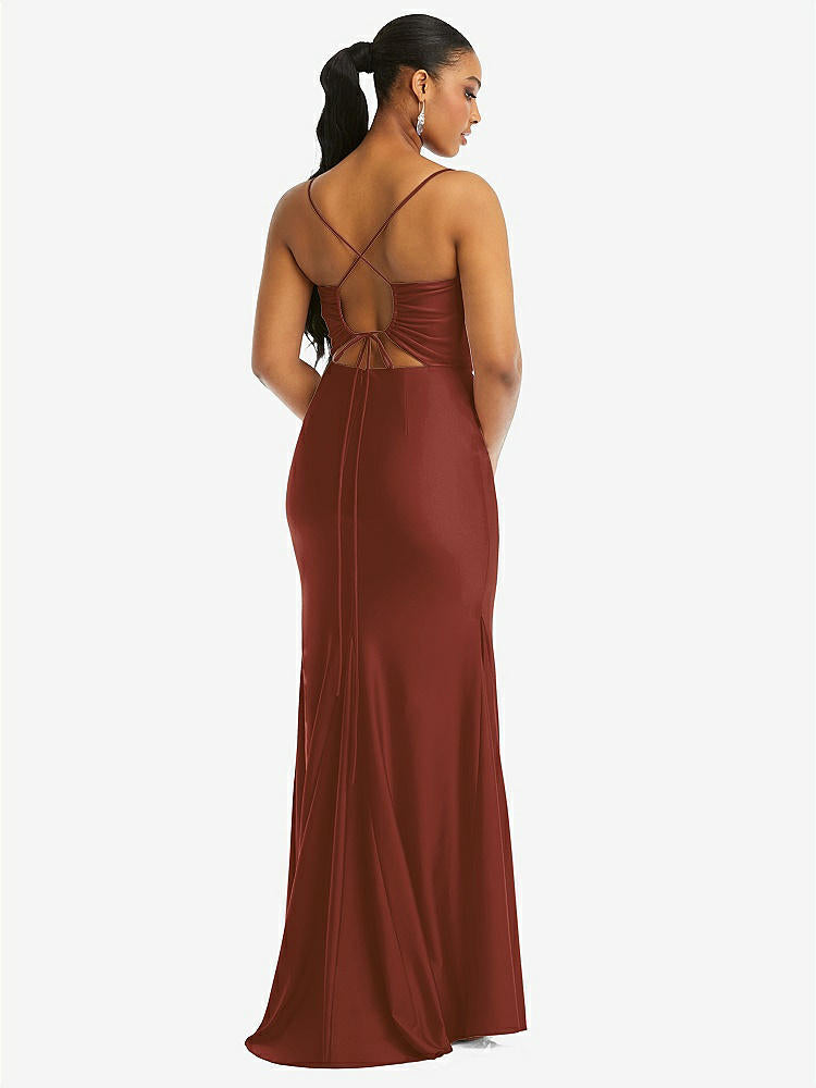 【STYLE: CS105】Cowl-Neck Open Tie-Back Stretch Satin Mermaid Dress with Slight Train【COLOR: Auburn Moon】