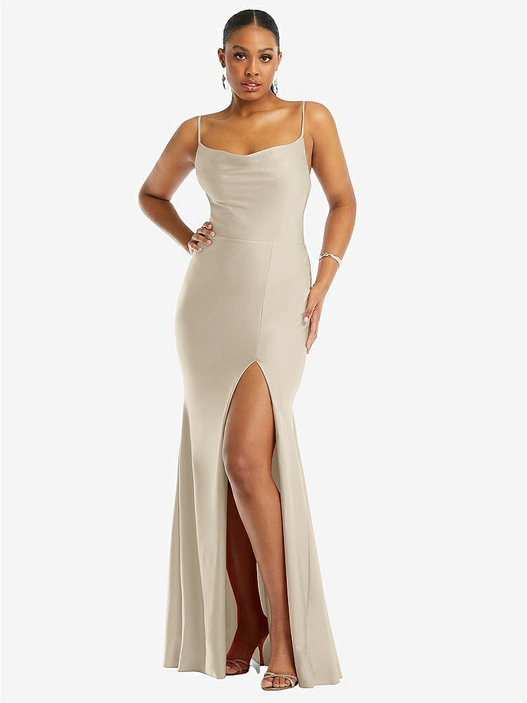 【STYLE: CS105】Cowl-Neck Open Tie-Back Stretch Satin Mermaid Dress with Slight Train【COLOR: Champagne】