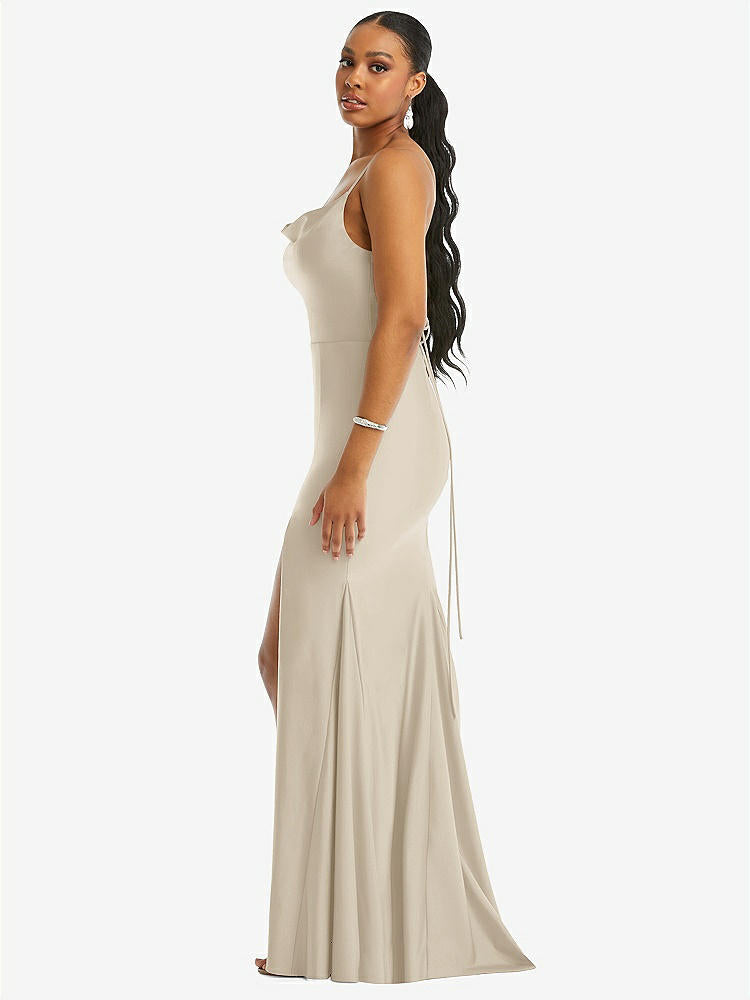 【STYLE: CS105】Cowl-Neck Open Tie-Back Stretch Satin Mermaid Dress with Slight Train【COLOR: Champagne】