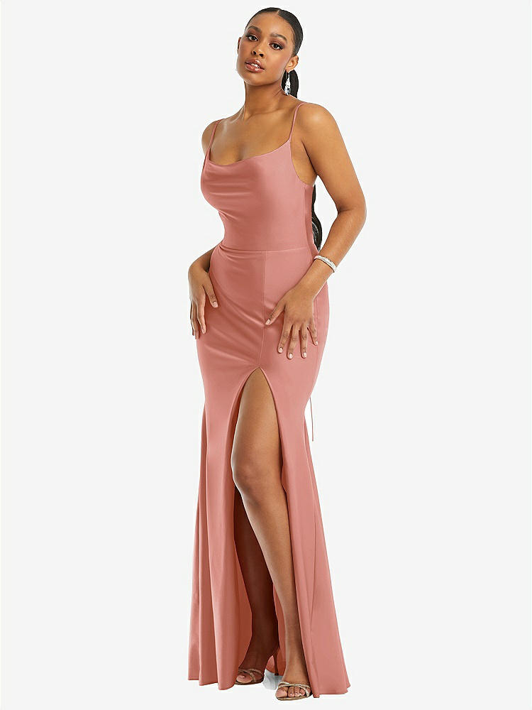 【STYLE: CS105】Cowl-Neck Open Tie-Back Stretch Satin Mermaid Dress with Slight Train【COLOR: Desert Rose】