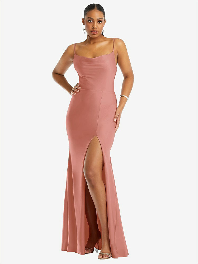 【STYLE: CS105】Cowl-Neck Open Tie-Back Stretch Satin Mermaid Dress with Slight Train【COLOR: Desert Rose】
