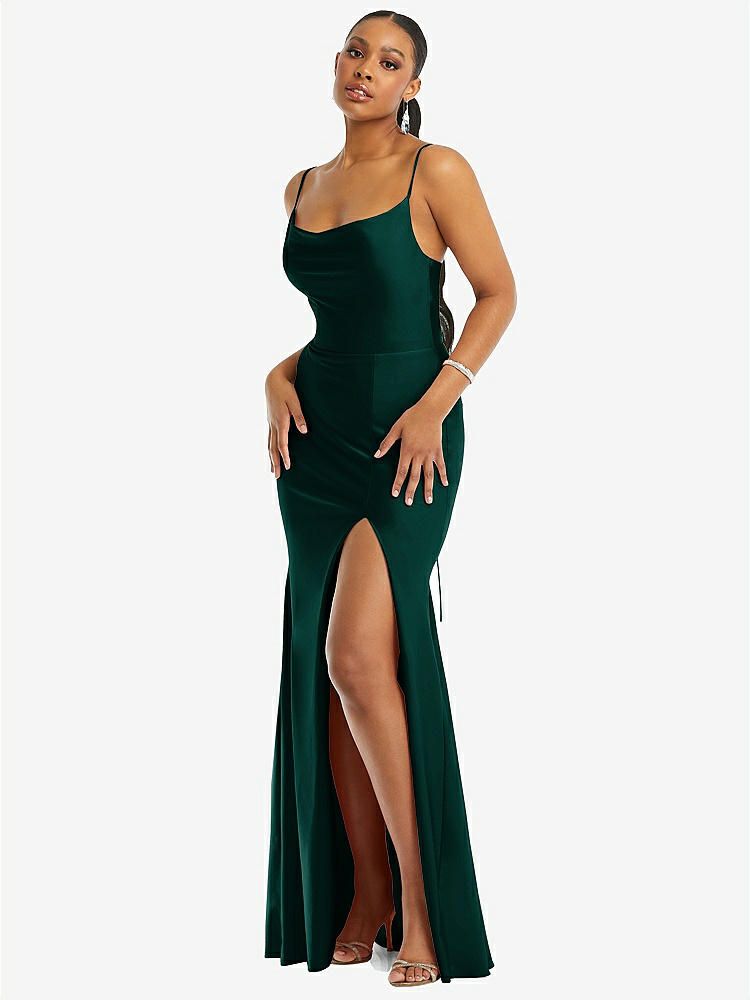 【STYLE: CS105】Cowl-Neck Open Tie-Back Stretch Satin Mermaid Dress with Slight Train【COLOR: Evergreen】