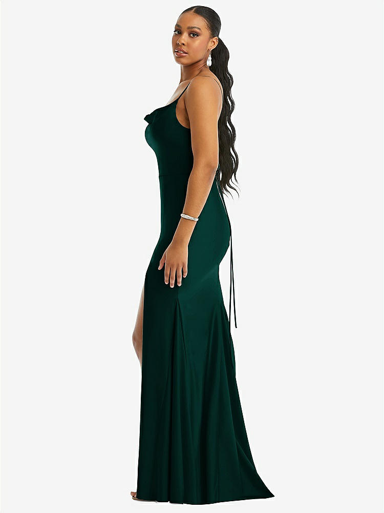 【STYLE: CS105】Cowl-Neck Open Tie-Back Stretch Satin Mermaid Dress with Slight Train【COLOR: Evergreen】