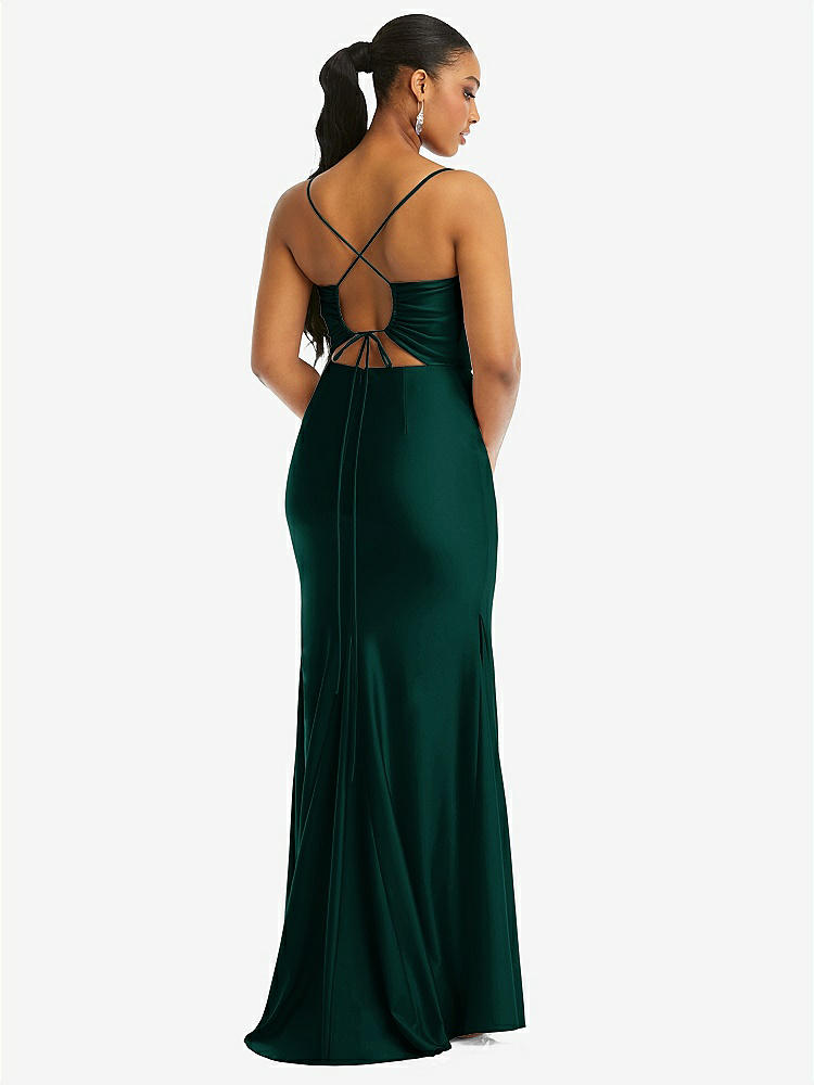 【STYLE: CS105】Cowl-Neck Open Tie-Back Stretch Satin Mermaid Dress with Slight Train【COLOR: Evergreen】