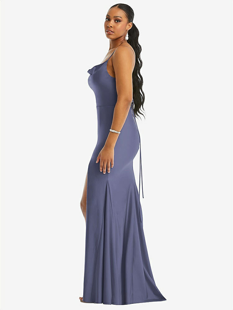 【STYLE: CS105】Cowl-Neck Open Tie-Back Stretch Satin Mermaid Dress with Slight Train【COLOR: French Blue】