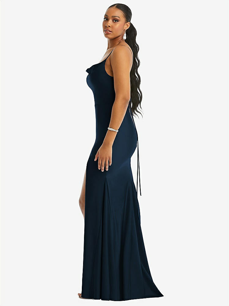 【STYLE: CS105】Cowl-Neck Open Tie-Back Stretch Satin Mermaid Dress with Slight Train【COLOR: Midnight Navy】