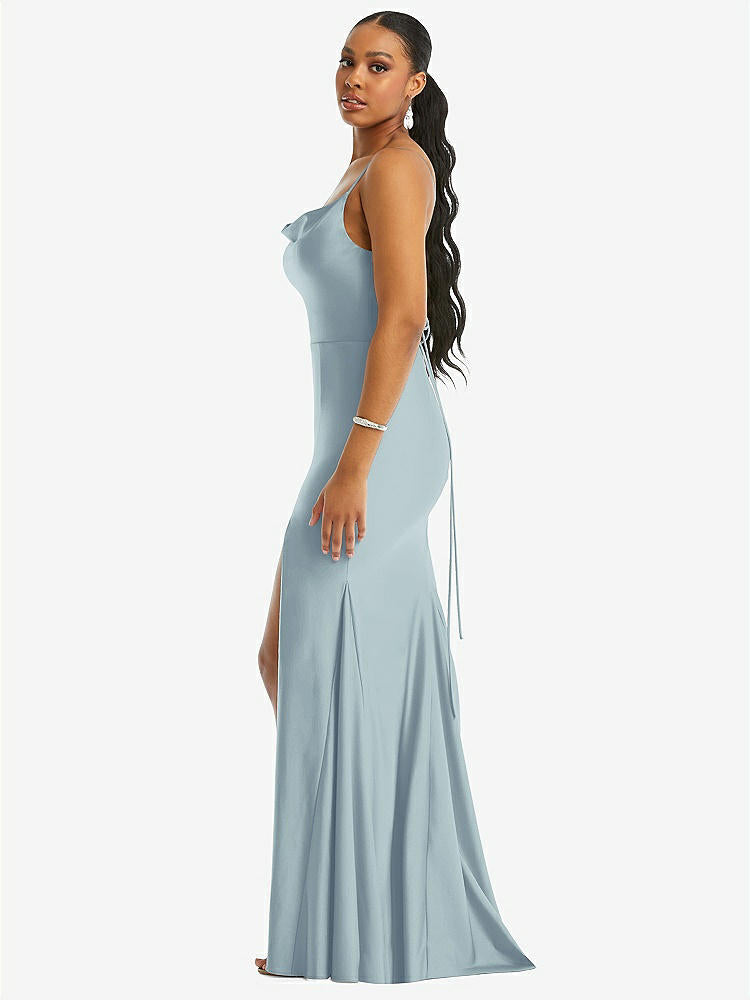 【STYLE: CS105】Cowl-Neck Open Tie-Back Stretch Satin Mermaid Dress with Slight Train【COLOR: Mist】