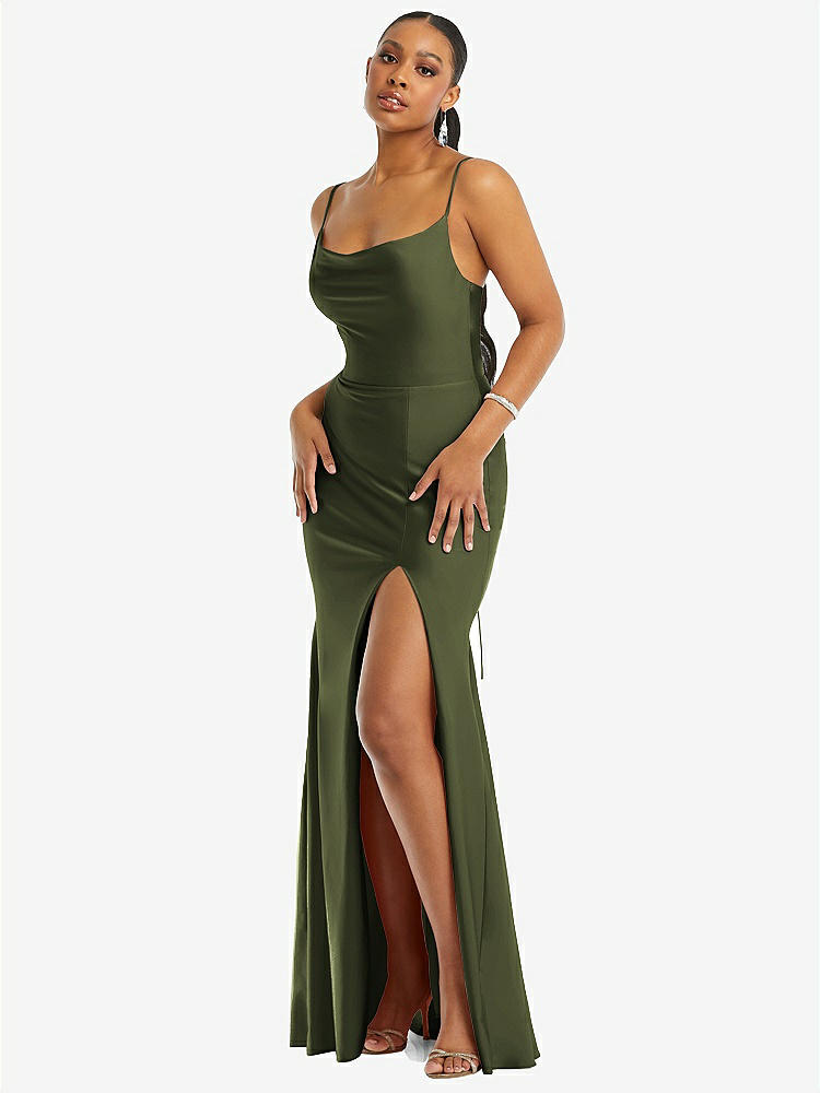 【STYLE: CS105】Cowl-Neck Open Tie-Back Stretch Satin Mermaid Dress with Slight Train【COLOR: Olive Green】