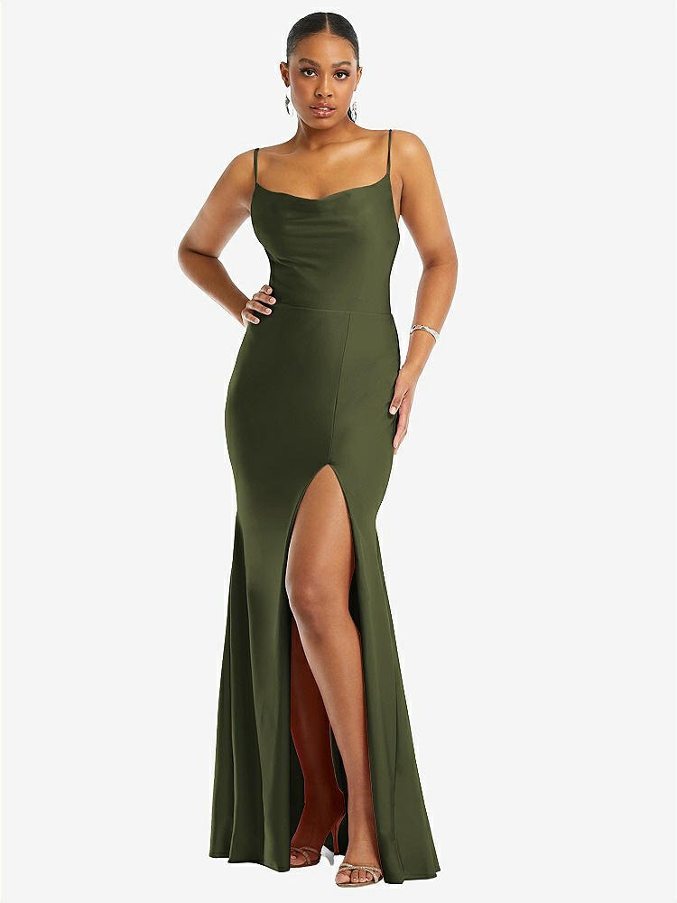 【STYLE: CS105】Cowl-Neck Open Tie-Back Stretch Satin Mermaid Dress with Slight Train【COLOR: Olive Green】