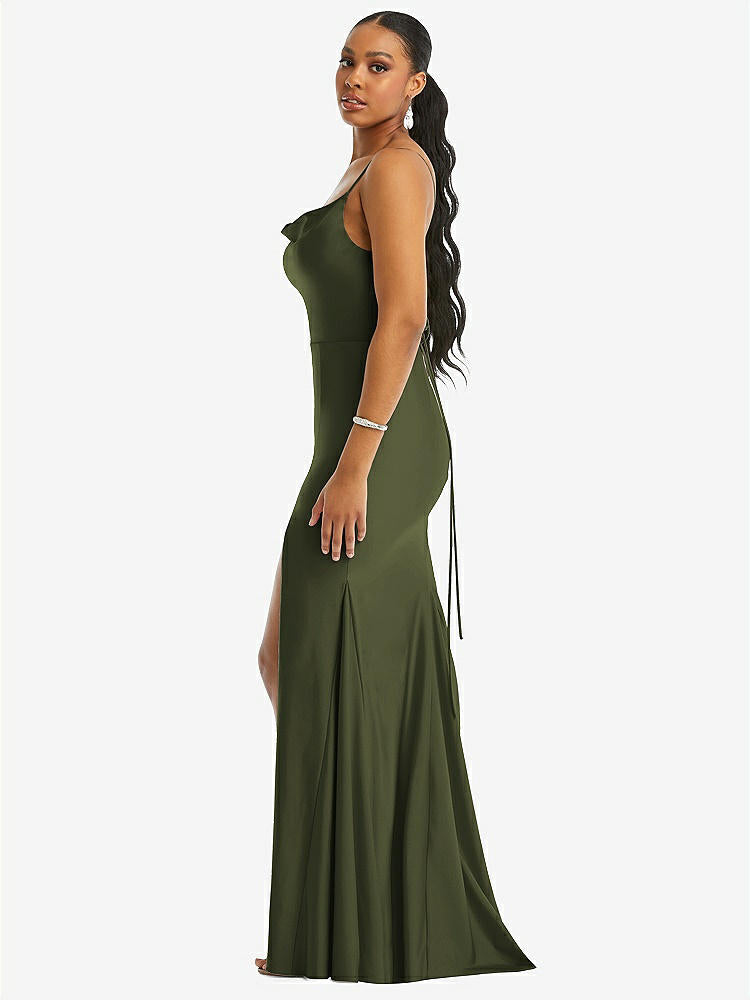 【STYLE: CS105】Cowl-Neck Open Tie-Back Stretch Satin Mermaid Dress with Slight Train【COLOR: Olive Green】