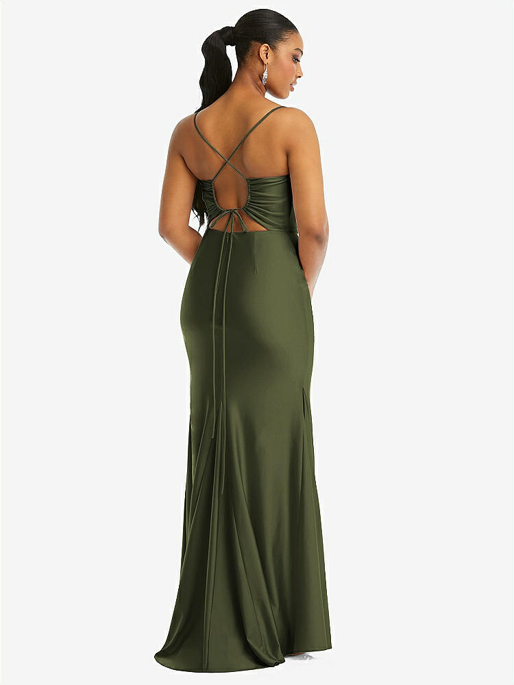 【STYLE: CS105】Cowl-Neck Open Tie-Back Stretch Satin Mermaid Dress with Slight Train【COLOR: Olive Green】