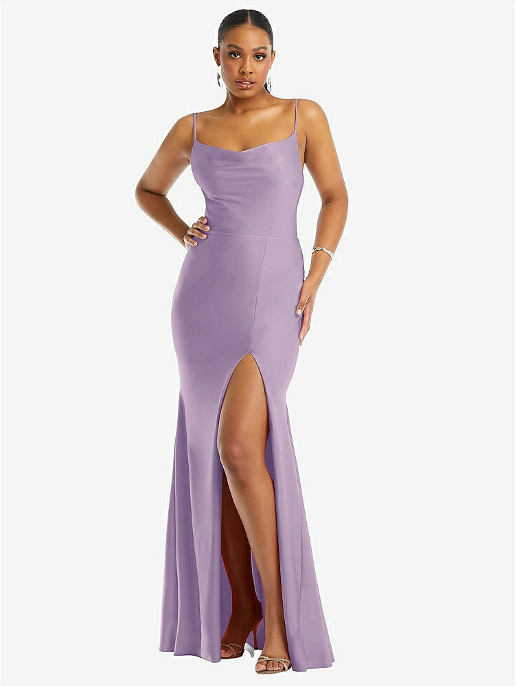 【STYLE: CS105】Cowl-Neck Open Tie-Back Stretch Satin Mermaid Dress with Slight Train【COLOR: Pale Purple】