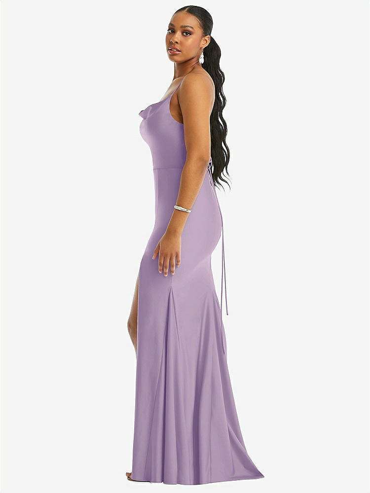 【STYLE: CS105】Cowl-Neck Open Tie-Back Stretch Satin Mermaid Dress with Slight Train【COLOR: Pale Purple】