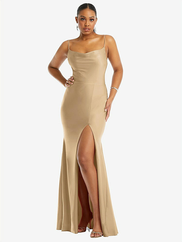 【STYLE: CS105】Cowl-Neck Open Tie-Back Stretch Satin Mermaid Dress with Slight Train【COLOR: Soft Gold】