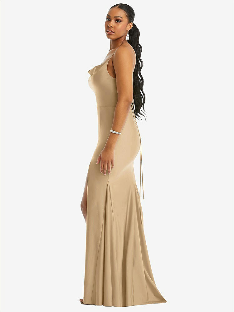 【STYLE: CS105】Cowl-Neck Open Tie-Back Stretch Satin Mermaid Dress with Slight Train【COLOR: Soft Gold】