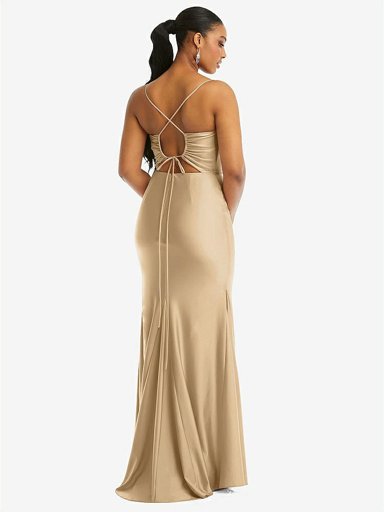 【STYLE: CS105】Cowl-Neck Open Tie-Back Stretch Satin Mermaid Dress with Slight Train【COLOR: Soft Gold】