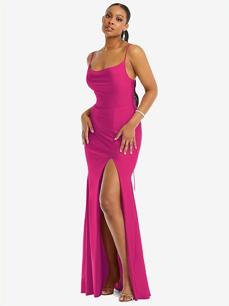【STYLE: CS105】Cowl-Neck Open Tie-Back Stretch Satin Mermaid Dress with Slight Train【COLOR: Think Pink】
