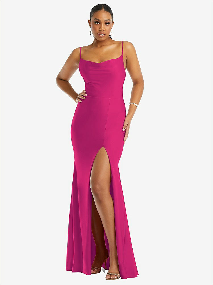 【STYLE: CS105】Cowl-Neck Open Tie-Back Stretch Satin Mermaid Dress with Slight Train【COLOR: Think Pink】