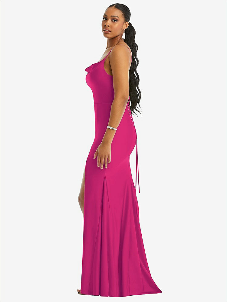 【STYLE: CS105】Cowl-Neck Open Tie-Back Stretch Satin Mermaid Dress with Slight Train【COLOR: Think Pink】