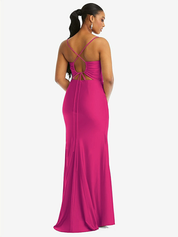 【STYLE: CS105】Cowl-Neck Open Tie-Back Stretch Satin Mermaid Dress with Slight Train【COLOR: Think Pink】
