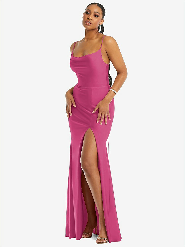 【STYLE: CS105】Cowl-Neck Open Tie-Back Stretch Satin Mermaid Dress with Slight Train【COLOR: Tea Rose】