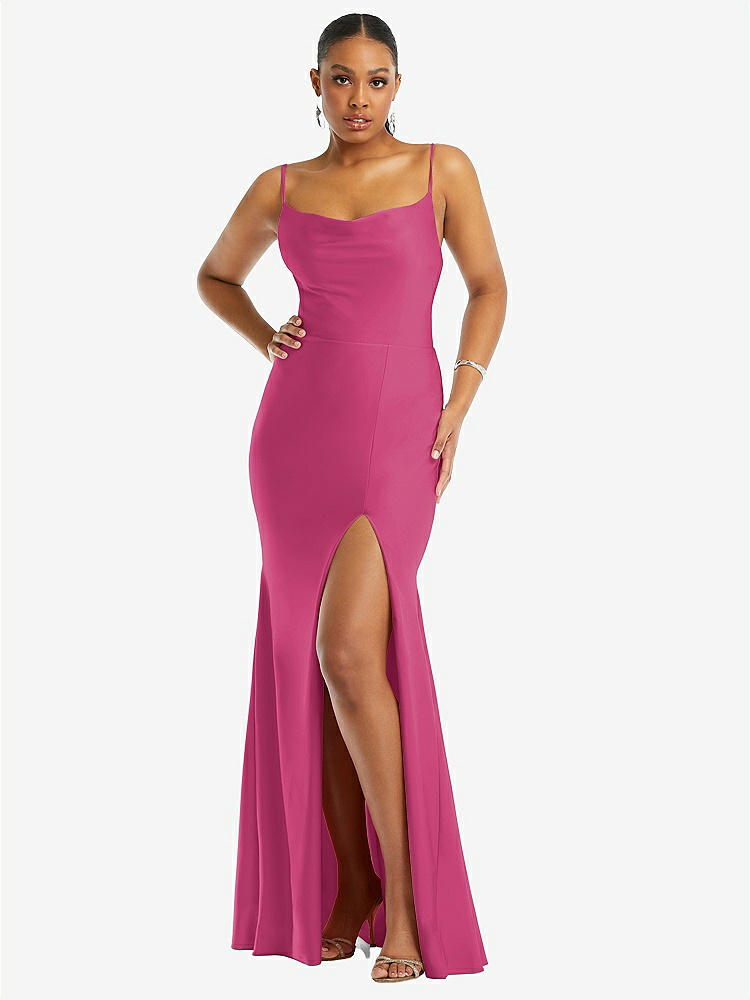 【STYLE: CS105】Cowl-Neck Open Tie-Back Stretch Satin Mermaid Dress with Slight Train【COLOR: Tea Rose】