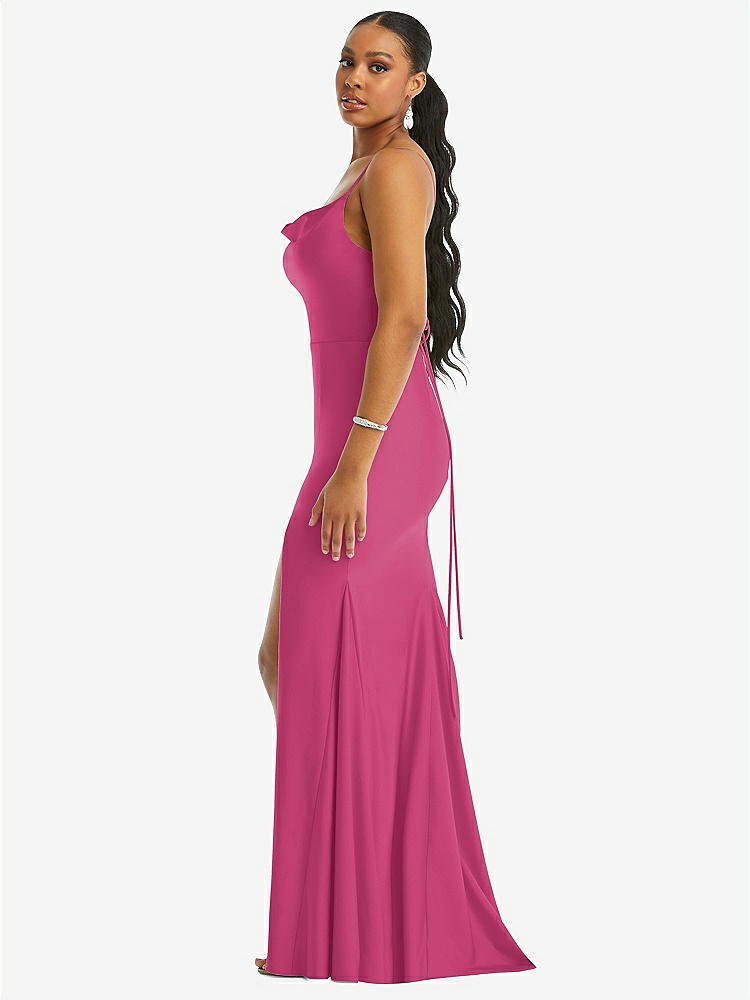 【STYLE: CS105】Cowl-Neck Open Tie-Back Stretch Satin Mermaid Dress with Slight Train【COLOR: Tea Rose】