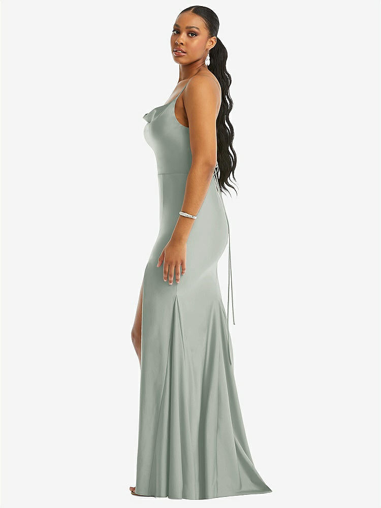 【STYLE: CS105】Cowl-Neck Open Tie-Back Stretch Satin Mermaid Dress with Slight Train【COLOR: Willow Green】